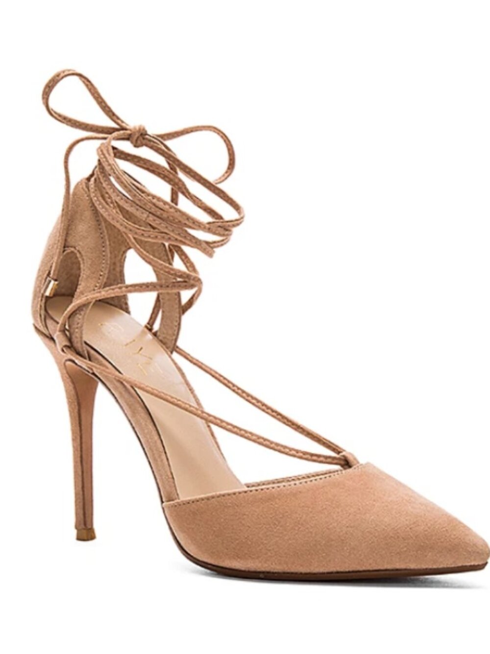 RAYE Tan Suede Tamrin Pumps Lace-Up Front High Heels Strappy Pointed Toe Size 10
